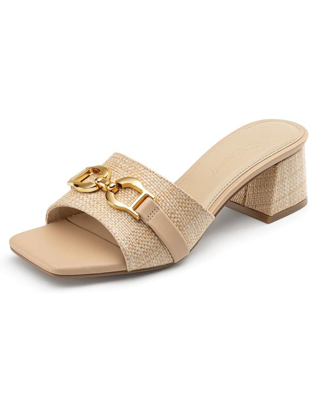 Women's Nature Raffia Heeled Square Open Toe Slip On Mules Chunky Block Heel